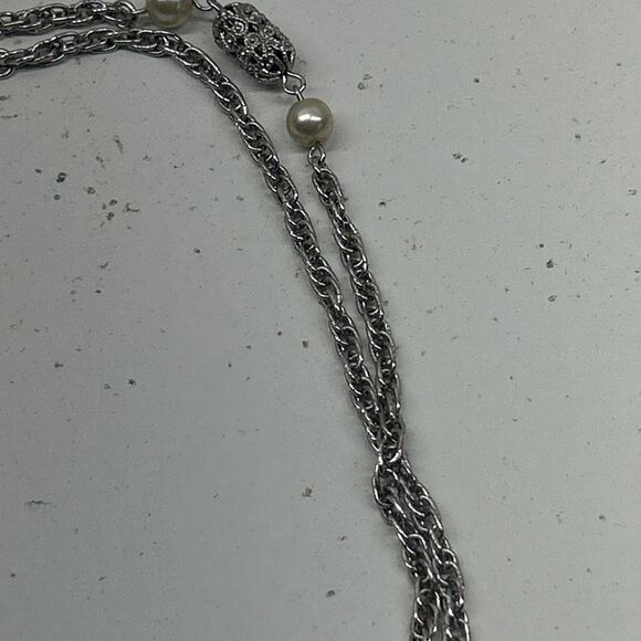 VTG Sarah Coventry Filigree Lady Silver Tone Faux Pearl Necklace 44” Long Chain - Picture 6 of 10